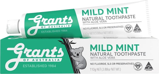 Natürliche, fluoridfreie Zahncreme von GRANTS OF AUSTRALIA mit milder Minznote, für beruhigende Zahnpflege.
