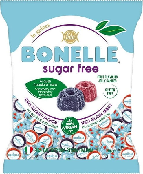 Brombeer- und Erdbeer-Geleebohnen ohne Zuckerzusatz von BONELLE FIDA, fruchtige Bonbons in einer transparenten Packung