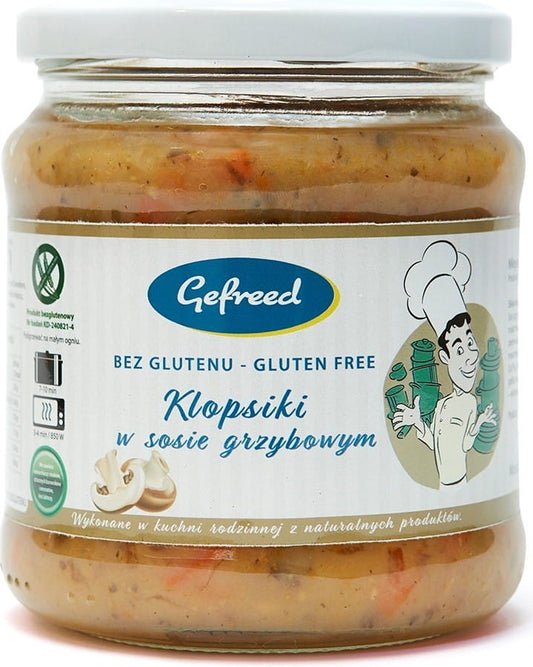 Glutenfreie GEFREED Frikadellen in Pilzsoße, 400 g, serviert auf einem Teller mit Pilzen und Beilagen.