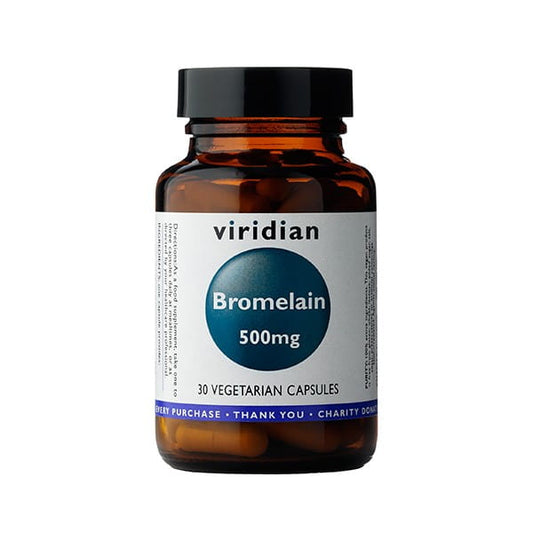 VIRIDIAN Bromelain 500 mg Kapseln, sechs Packungen, natürliche Enzymergänzung in braunen Kapseln auf weißem Hintergrund