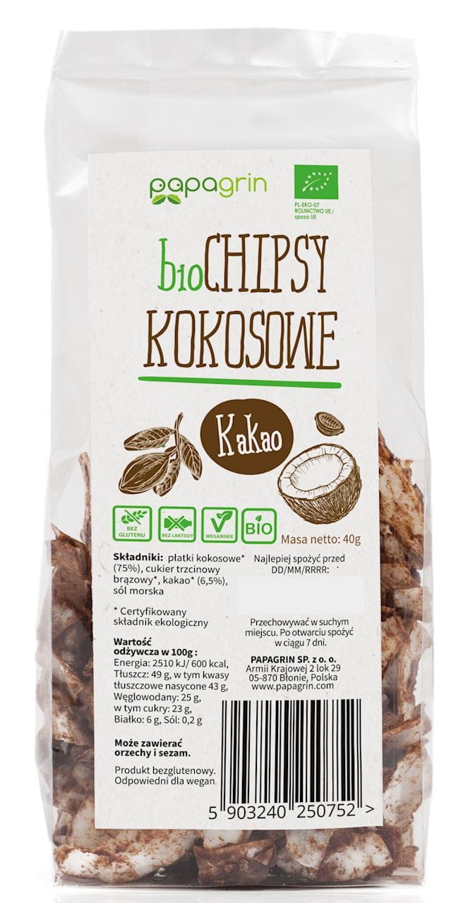 Kokoschips mit Kakao BIO 40 g - PAPAGRIN