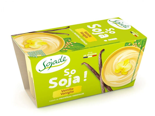 BIO glutenfreies Soja-Vanille-Dessert von SOJADE in zwei 100 g Bechern, cremige Vanillegeschmack, glutenfrei, vegan.