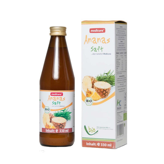 Bio Ananassaft NFC von MEDICURA in 330 ml Flasche, frischer, natürlicher Ananassaft ohne Zusatzstoffe.