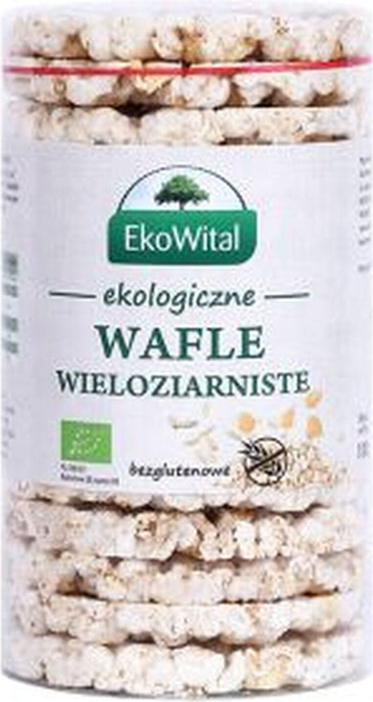 Glutenfreie Mehrkornwaffeln von EKOWITAL, BIO, ohne Salz, 100 g, knusprige Waffeln auf einem weißen Teller.