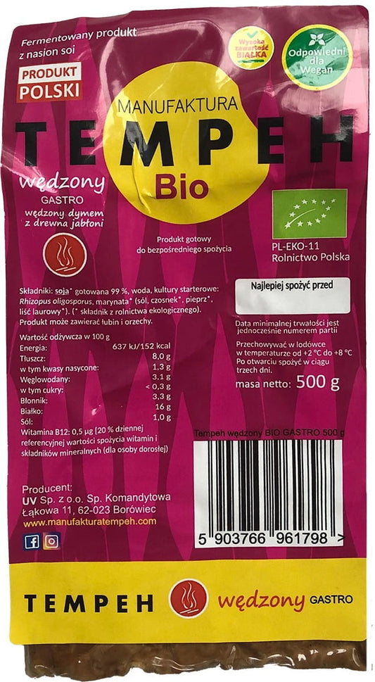 Geräucherter Bio-Tempeh von MANUFAKTURA TEMPEH, 500 g, zeigt die rauchige Oberfläche des veganen Sojaprodukts.