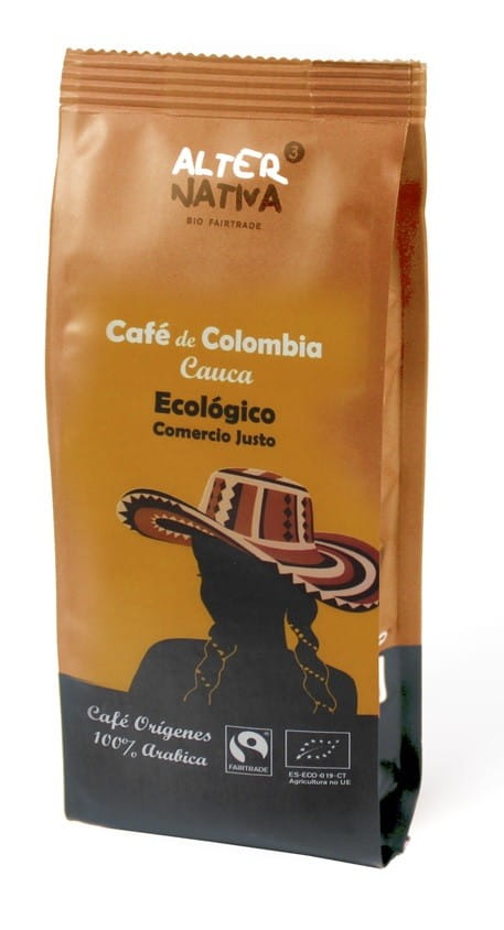 Gemahlener Arabica-Kaffee von ALTERNATIVA, 100% Kolumbien, fair gehandelt, BIO, 250 g, in einer Verpackung.