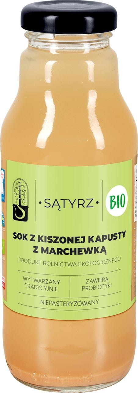 Bio probiotischer Saft aus Sauerkraut und Karotten in Flasche, 500 ml, von SĄTYRZ, mit frischen Zutaten und natürlicher Fermentation.