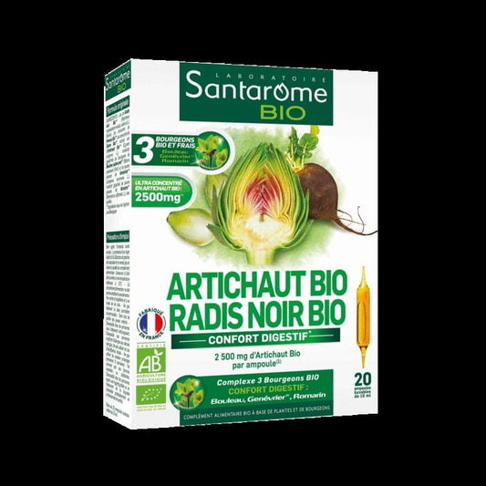 Biologische Verdauungsförderung in Ampullen, 20x10 ml, von SANTAROME, zeigt die Flaschen und das Packaging.