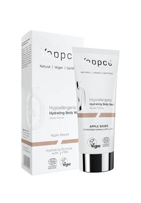 Feuchtigkeitsspendendes, hypoallergenes mizellares Öko-Duschgel von YAPPCO, 200 ml, zeigt die Produktflasche mit grüner Verpackung.