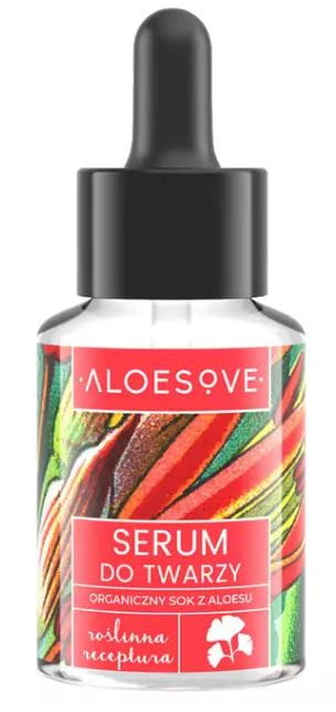 Gesichtsserum mit Bio-Aloe-Vera-Saft von ALOESOVE, 30 ml, flüssige Textur in einer transparenten Flasche.