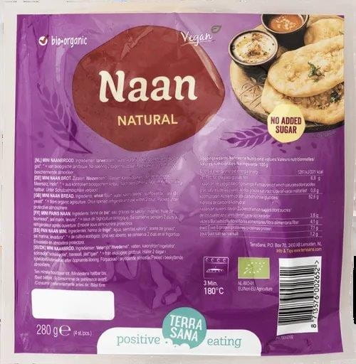 Vollkorn-Bio-Naan-Brot von TERRASANA, 280 g, frisch gebacken, goldbraun und weich, mit knuspriger Oberfläche.