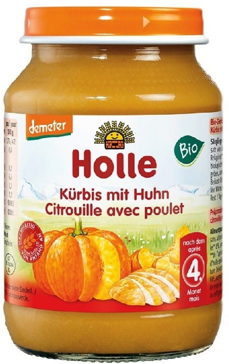 Babygericht von HOLLE mit Kürbis und Hühnerfleisch, 190 g, in einer Baby-Gläschen-Box, biologisch und nahrhaft.