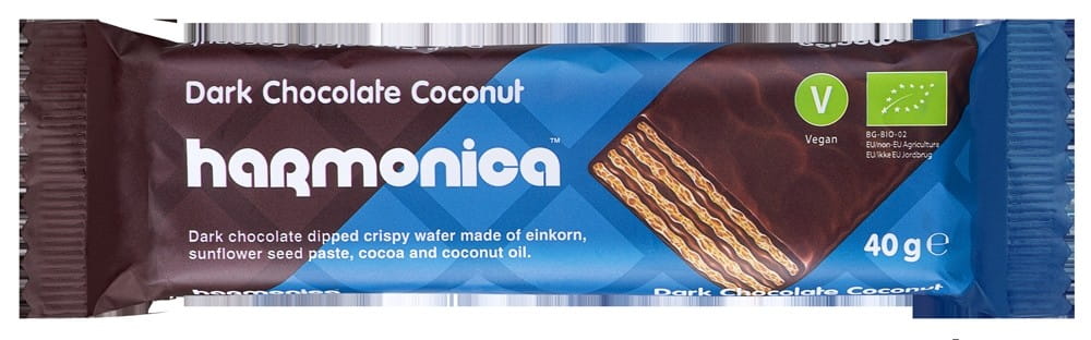 Waffel mit Kokos- und Kakaocreme in Schokolade BIO 40 g - HARMONICA
