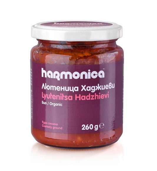 Bio Balkan-Lutenica-Sauce von HARMONICA in 260 g Glas, mit Tomaten, Paprika und Auberginen, frisch und aromatisch.
