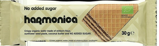 HARMONICA Bio Waffel mit Milch und Kakaocreme, 30 g, niedriger Zuckergehalt, knusprig und cremig, auf weißem Hintergrund