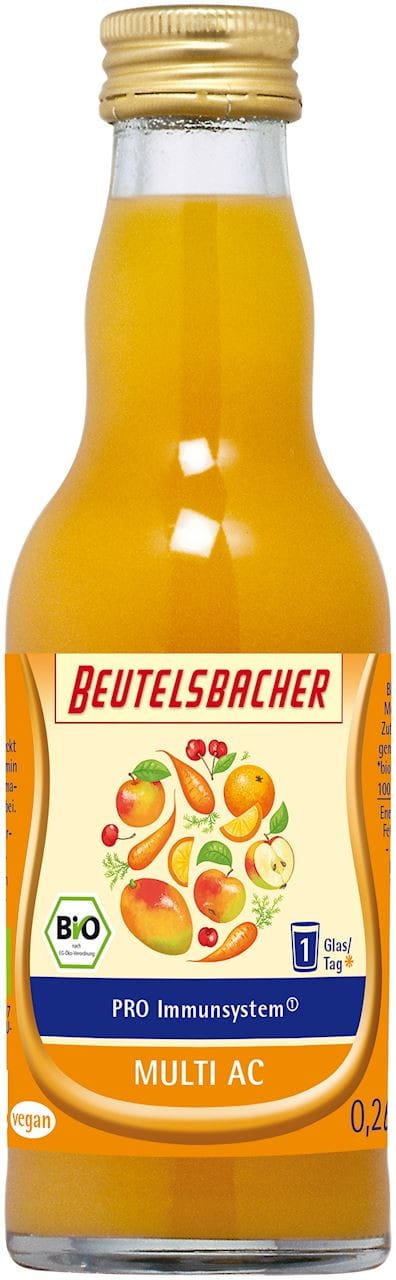 Bio-Fruchtshot Apfel, Orange, Mango mit Karotte von Beutelsbacher in 200 ml Beutel