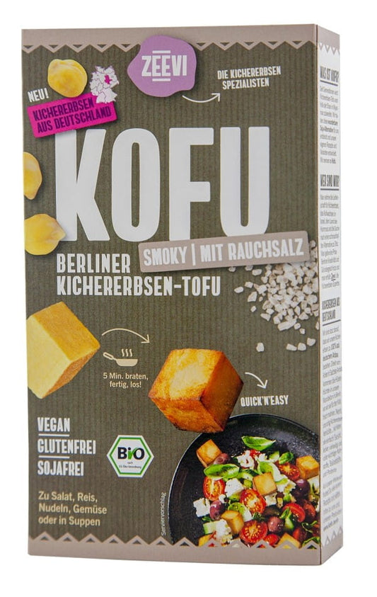 Geräucherter, glutenfreier Kofu BIO ZEEVI in 200 g Verpackung, frisch und aromatisch, auf weißem Hintergrund.