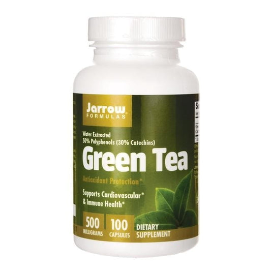 Grüner Tee Kapseln von JARROW FORMULAS, 100 Stück, close-up Ansicht der grünen Kapseln in einer Packung.