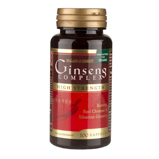 HOLLAND & BARRETT Ginseng-Komplex in 100 Kapseln, close-up der Kapseln in einer Packung auf weißem Hintergrund