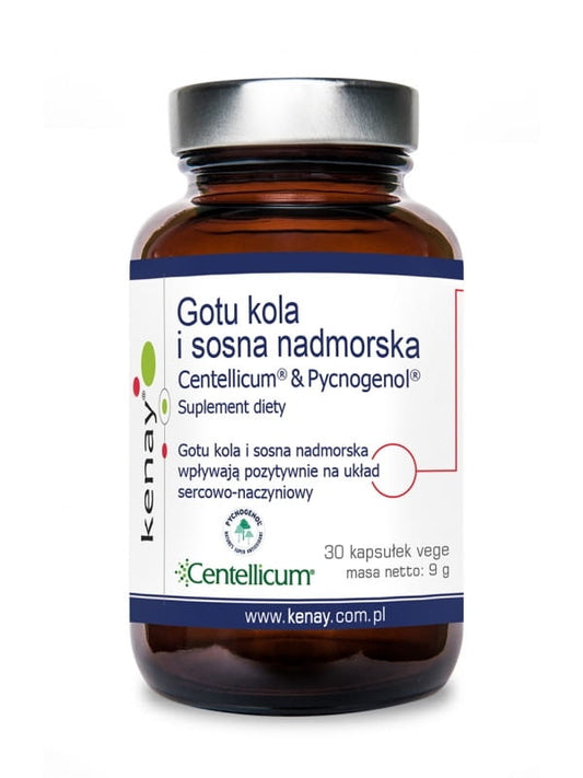 KENAY Gotu Kola, Küstenkiefer Centellicum und Pycnogenol Kapseln, 30 Stück in einer blauen Verpackung