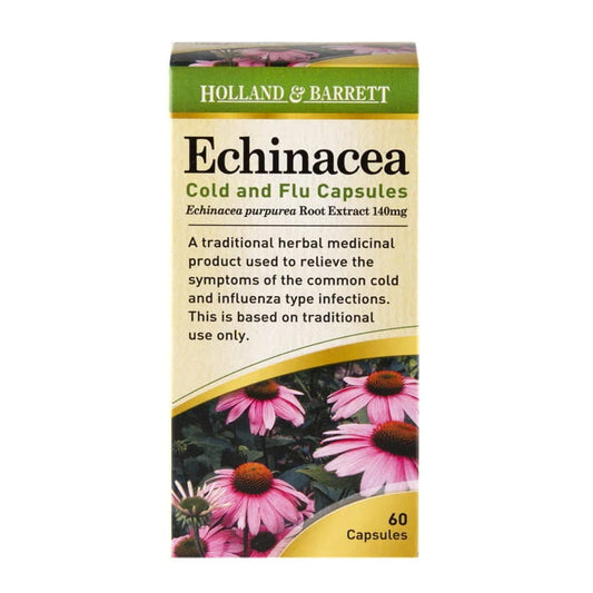 Echinacea Kapseln gegen Erkältung und Grippe von HOLLAND & BARRETT, 60 Stück in einer braunen Packung.
