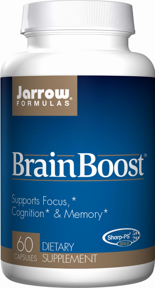 Goldene Brainboost Sharpps Kapseln von JARROW FORMULAS in einem weißen Behälter, close-up auf die Verpackung.