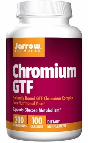 Chromatische GTF 100 Kapseln von Jarrow Formulas, Nahrungsergänzungsmittel in einer weißen JARROW-Formeln Flasche.