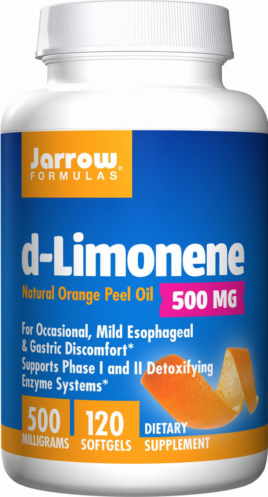 Dlimonene 120 Kapseln von Jarrow Formulas, braune Kapseln in einer klaren Packung auf weißem Hintergrund