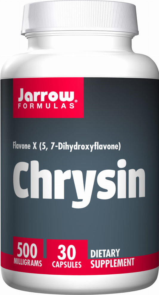 Chrysin Kapseln in Jar mit 30 Stück, Nahrungsergänzungsmittel von JARROW FORMULAS, Nahaufnahme der Verpackung