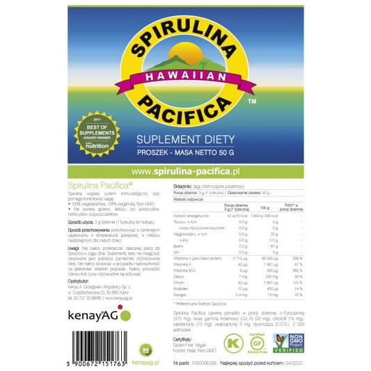 Hawaiianische Spirulina Pacifica in 50 g Packung von CYANOTECH CO, grünes Pulver in einer offenen Verpackung.