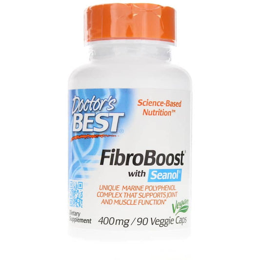 Fibroboost mit Seanol von DOCTOR'S BEST, 90 Kapseln, zeigt die Verpackung mit Kapseln und Produktbeschreibung auf der Packung