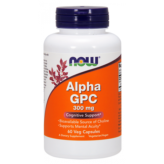 Alpha GPC 300 MG Lalphaglycerylphosphorylcholin Kapseln von NOW FOODS, 60 Stück, Nahaufnahme der Produktverpackung