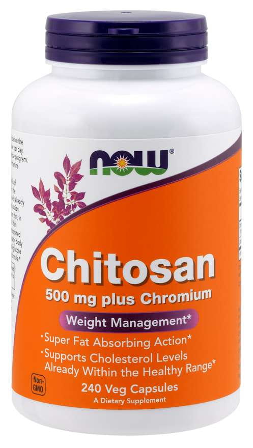 Chitosan und Chrom Kapseln von NOW FOODS, 500 mg Chitosan und 100 mcg Chrom, 240 vegane Kapseln auf weißem Hintergrund