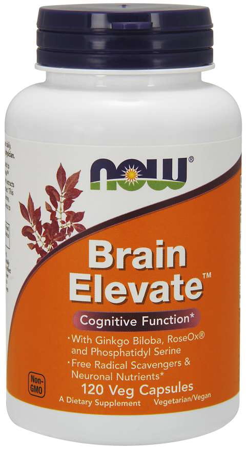 Braungelbe Brain Elevate 120 NOW FOODS Kapseln in einer offenen Packung, mit Kapseln sichtbar, für geistige Klarheit