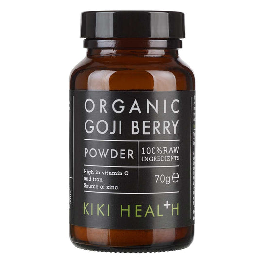 Getrocknete KIKI HEALTH Goji-Beeren in 70 g Packung, frische, rote Beeren für gesunde Ernährung, auf einem weißen Hintergrund.
