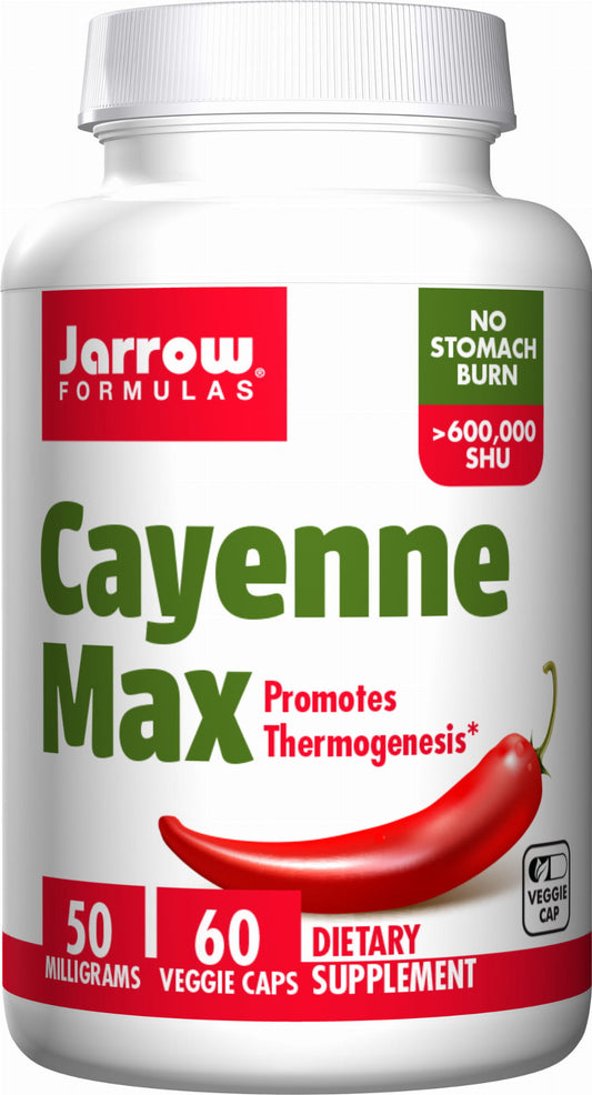 JARROW FORMULAS Cayenne Max Cayennepfeffer Kapseln, 50 mg, 60 Stück in einer transparenten Glasflasche, Nahaufnahme