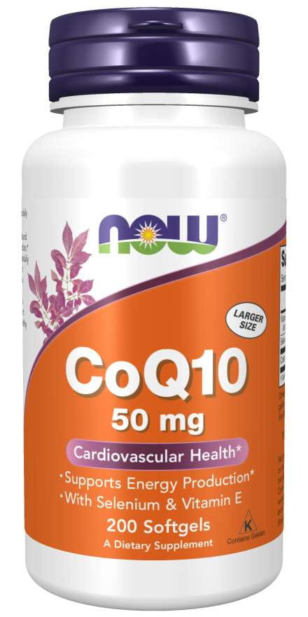 Hochwertige Coenzym Q10 Kapseln von NOW FOODS, 200 Stück, für Energie und Zellschutz, sichtbare Verpackung und Kapseln.