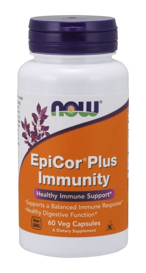Epicoor Plus Immunität Nahrungsergänzung in 60 Kapseln von NOW FOODS, sichtbare Verpackung und Kapseln auf weißem Hintergrund