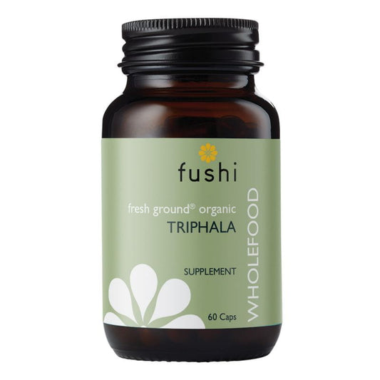 Eco Triphala FUSHI-Kapseln in einer offenen Packung, zeigt die braunen Kapseln und die Verpackung mit grünem Design.