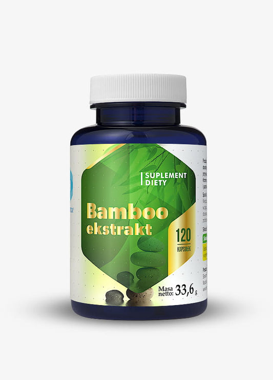 Bambusextrakt in HEPATICA-Hepatica-Kapseln, 120 Stück, sichtbare Verpackung und Kapseln auf weißem Hintergrund