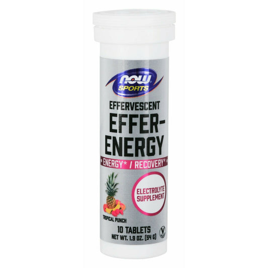 Efferenergy Brausetabletten von NOW FOODS, Tabletten zur schnellen Energieaufnahme, in einer offenen Packung.