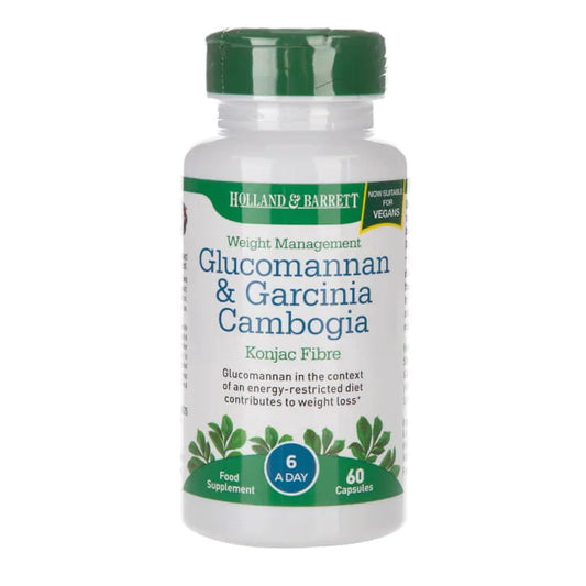 HOLLAND & BARRETT Glucomannan & Garcinia Cambogia Kapseln, 60 Stück, Nahrungsergänzungsmittel, Nahaufnahme der Kapseln