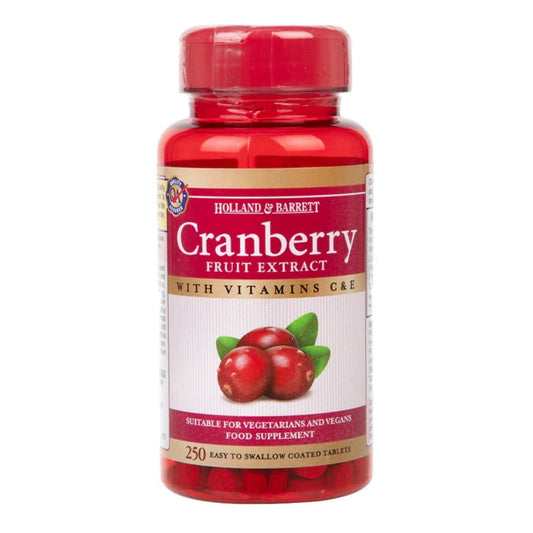 HOLLAND & BARRETT Cranberry-Fruchtextrakt Tabletten, 250 Stück, dunkle Tabletten in Packung auf weißem Hintergrund
