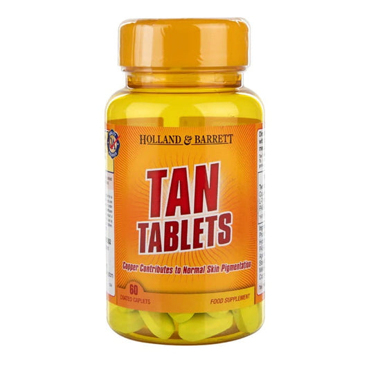 Holland & Barrett Bräunungstabletten, Packung mit 60 Tabletten für eine natürliche Bräune, Nahaufnahme der Tabletten auf weißem Hintergrund
