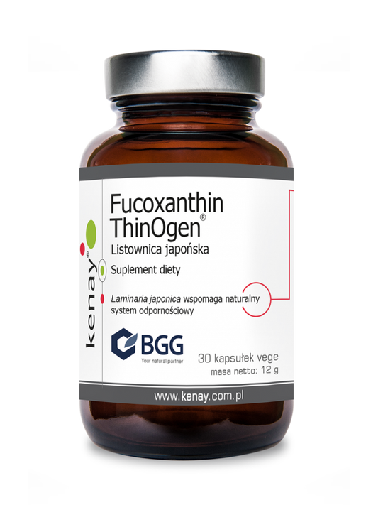 Dose mit 30 Kapseln Fucoxanthin von KENAY, Nahrungsergänzungsmittel in einer transparenten Kapsel.