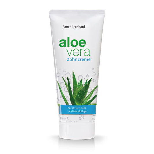 Aloe Vera Zahnpasta von KRAUTERHAUS SANCT BERNHARD, 100 ml, mit Aloe Vera für natürliche Zahnpflege, Verpackung und Zahnbürste sichtbar