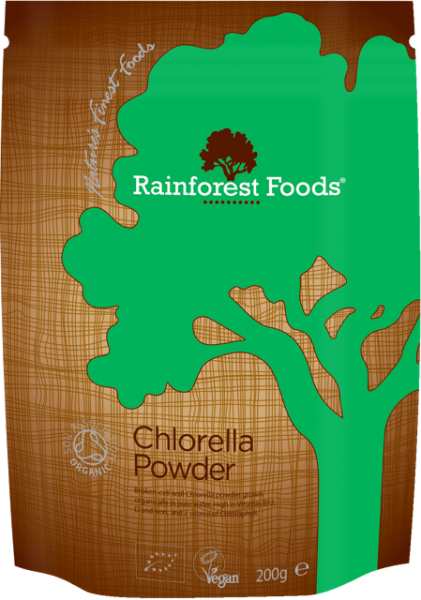 Grüne Eco Chlorella Algen in 200 g Verpackung von Rainforest Foods, nährstoffreiche Nahrungsergänzung aus der Natur