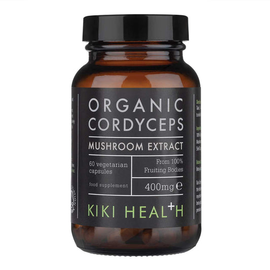KIKI HEALTH Cordyceps-Extrakt 400 MG in 60 Kapseln, Nahaufnahme der Kapseln und Verpackung