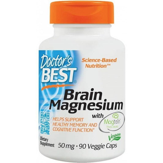Braun Magtein Magnesium-Kapseln von DOCTOR'S BEST, 90 Stück, für Gehirnfunktion und mentale Gesundheit, in einer weißen Verpackung