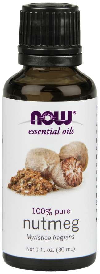 100 % Muskat Muskatnussöl von NOW FOODS in einer 30 ml Flasche, zeigt die dunkle Flüssigkeit und das Flaschendesign.